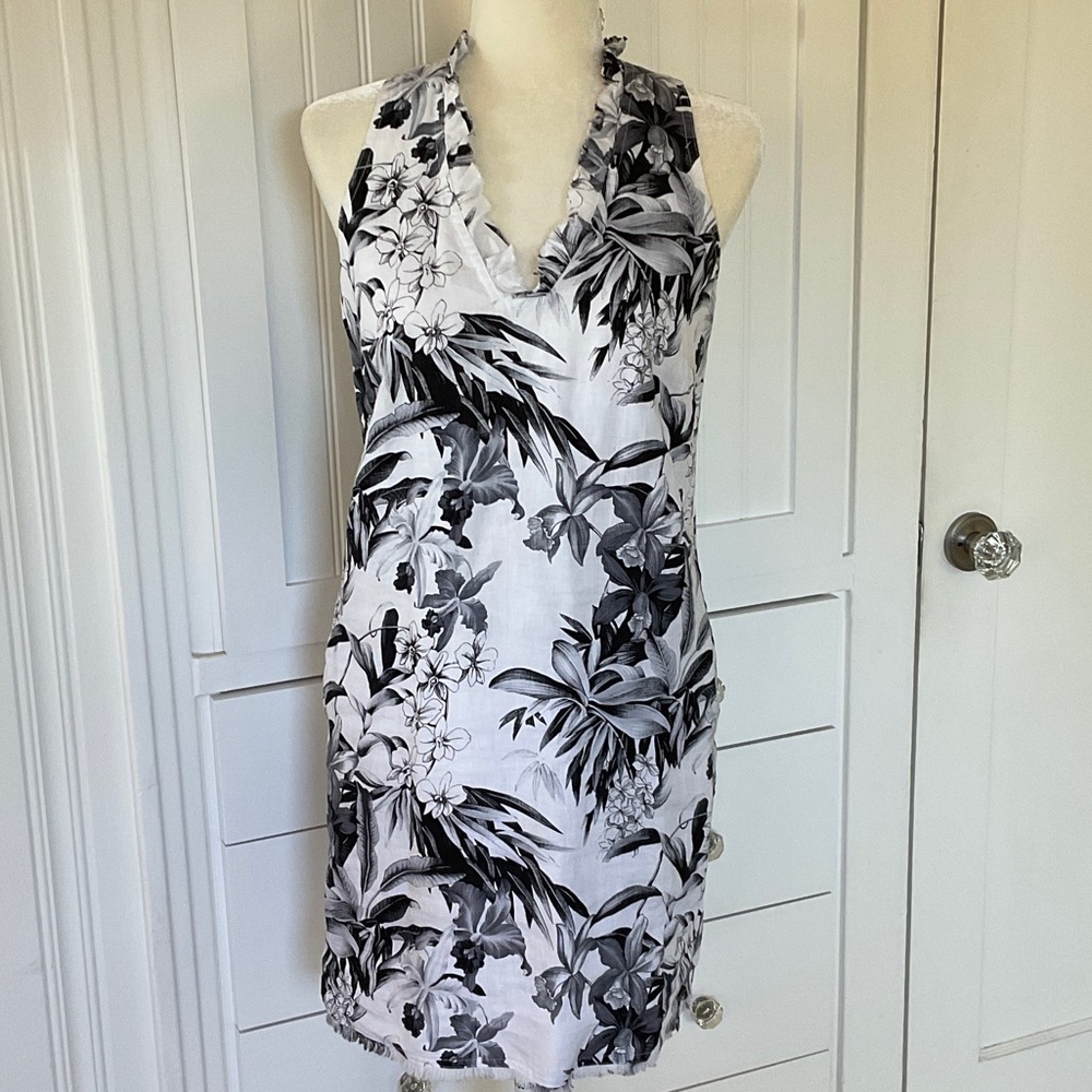 Tommy Bahama Black and White Floral Linen Two Palms Ruffle Neck Dress